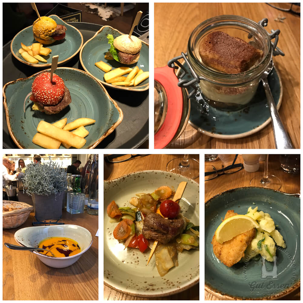 Flying-Buffet mit Mini-Burger, Mini-Schnitzel, Suppe und Tiramisu